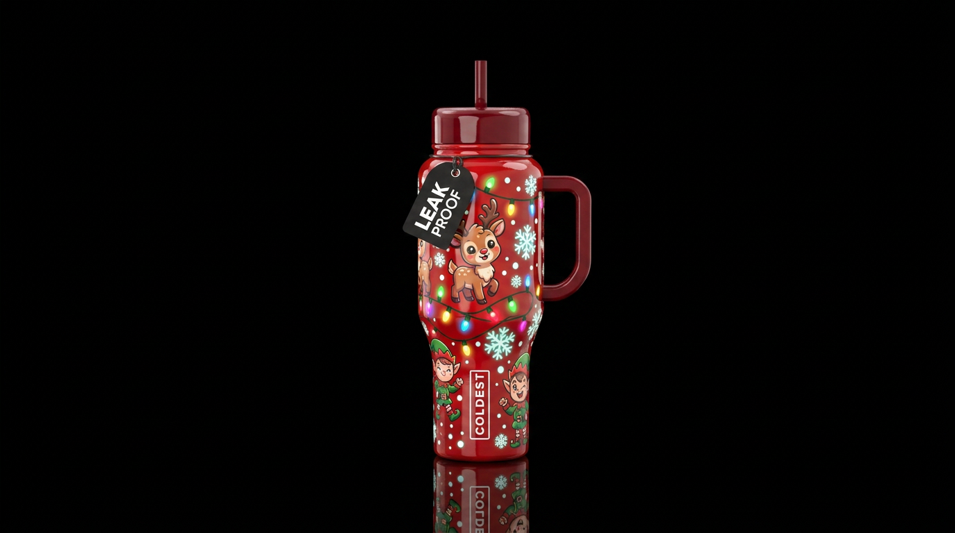 Glossy red background cartoon cute reindeer, glow ... water bottle design