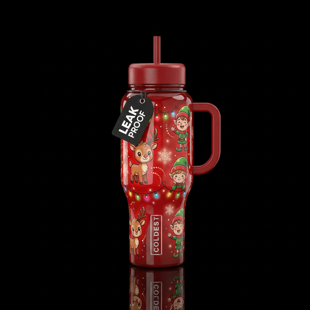 Glossy red background cartoon cute reindeer, glow ... water bottle design