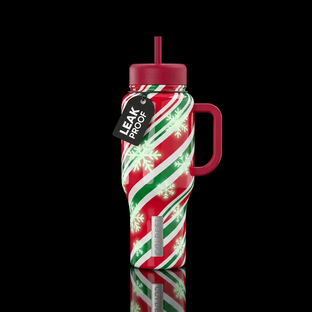 Glossy red green and white candy cane inspired wit... water bottle design