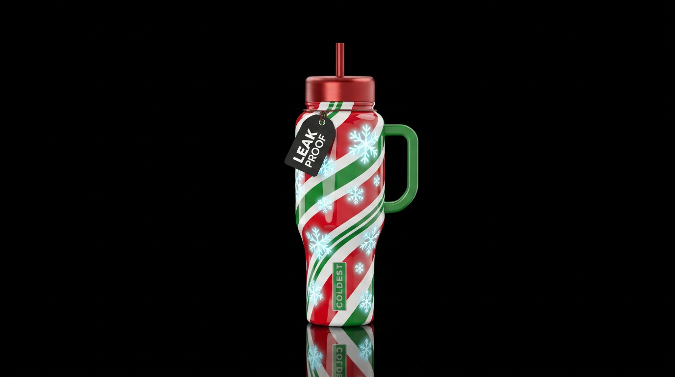 Glossy red green and white candy cane inspired wit... water bottle design