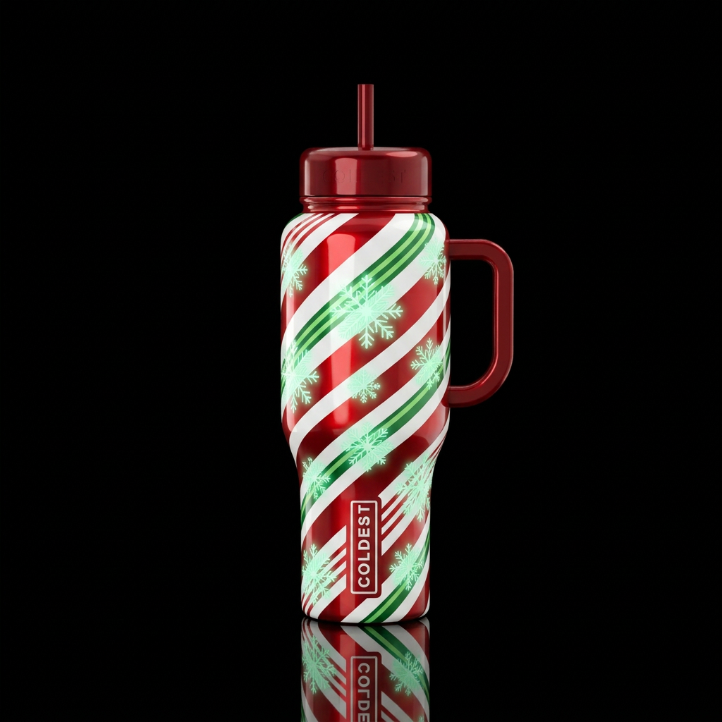 Glossy red green and white candy cane inspired wit... water bottle design