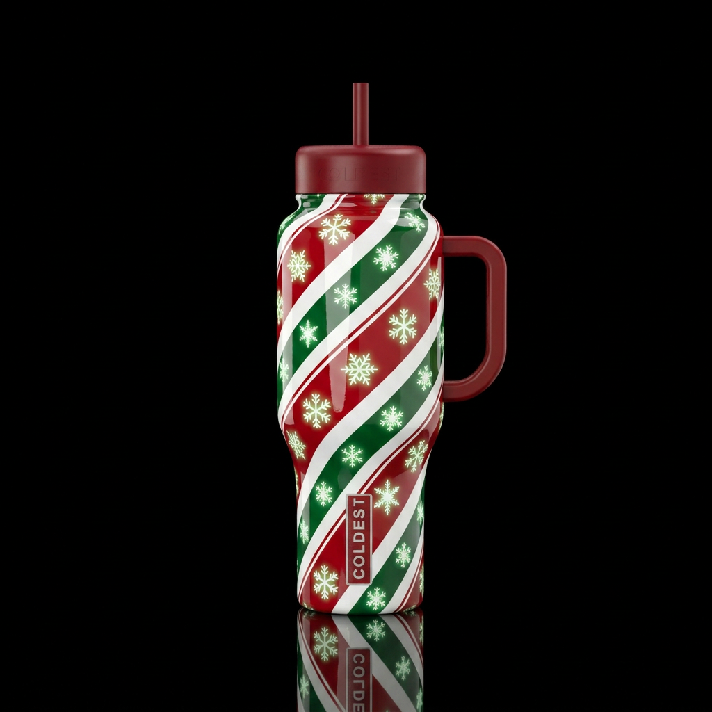 Glossy red green and white candy cane inspired wit... water bottle design