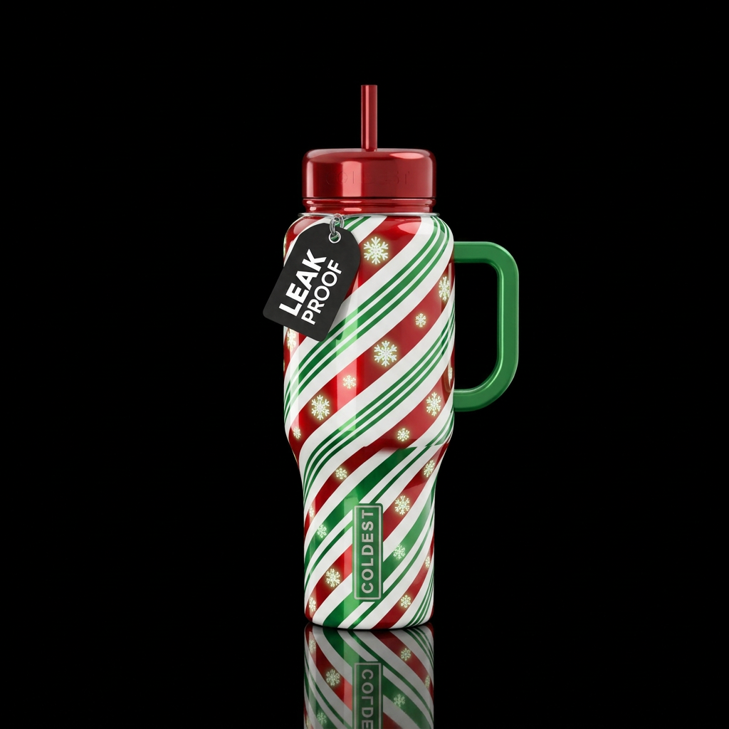 Glossy red green and white candy cane inspired wit... water bottle design