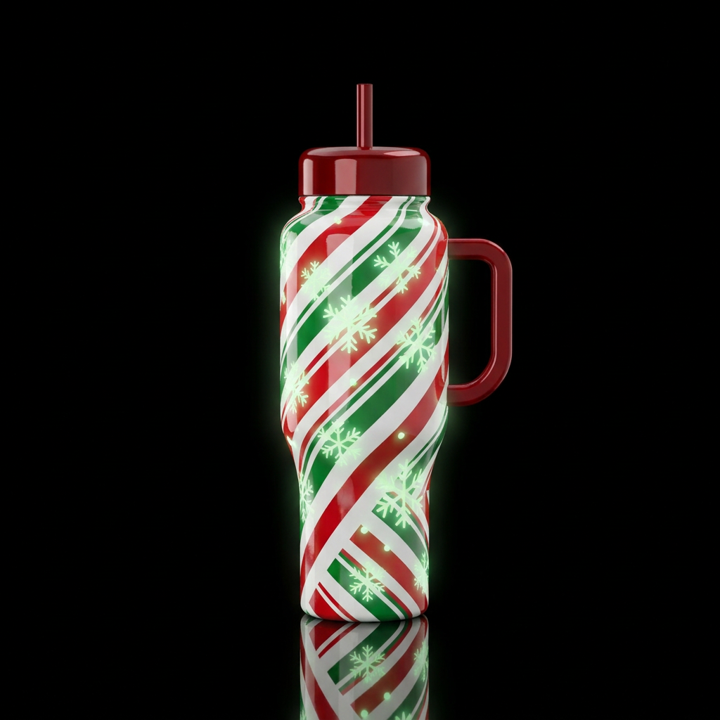 Glossy red green and white candy cane inspired wit... water bottle design
