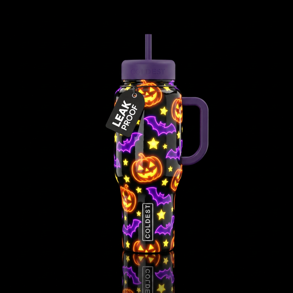 Glossy black background with bright orange jack o ... water bottle design