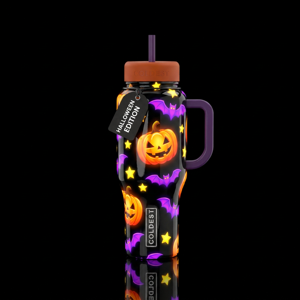 Glossy black background with bright orange jack o ... water bottle design