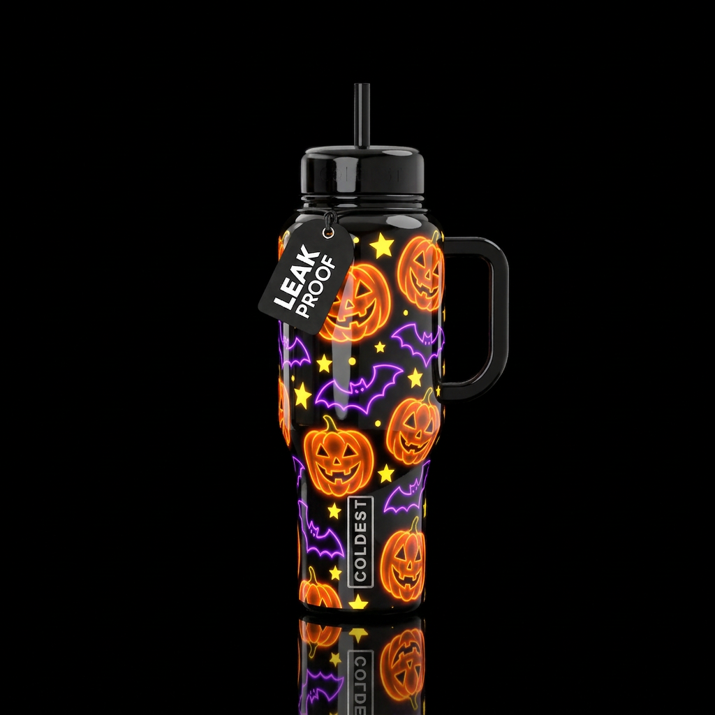 Glossy black background with bright orange jack o ... water bottle design