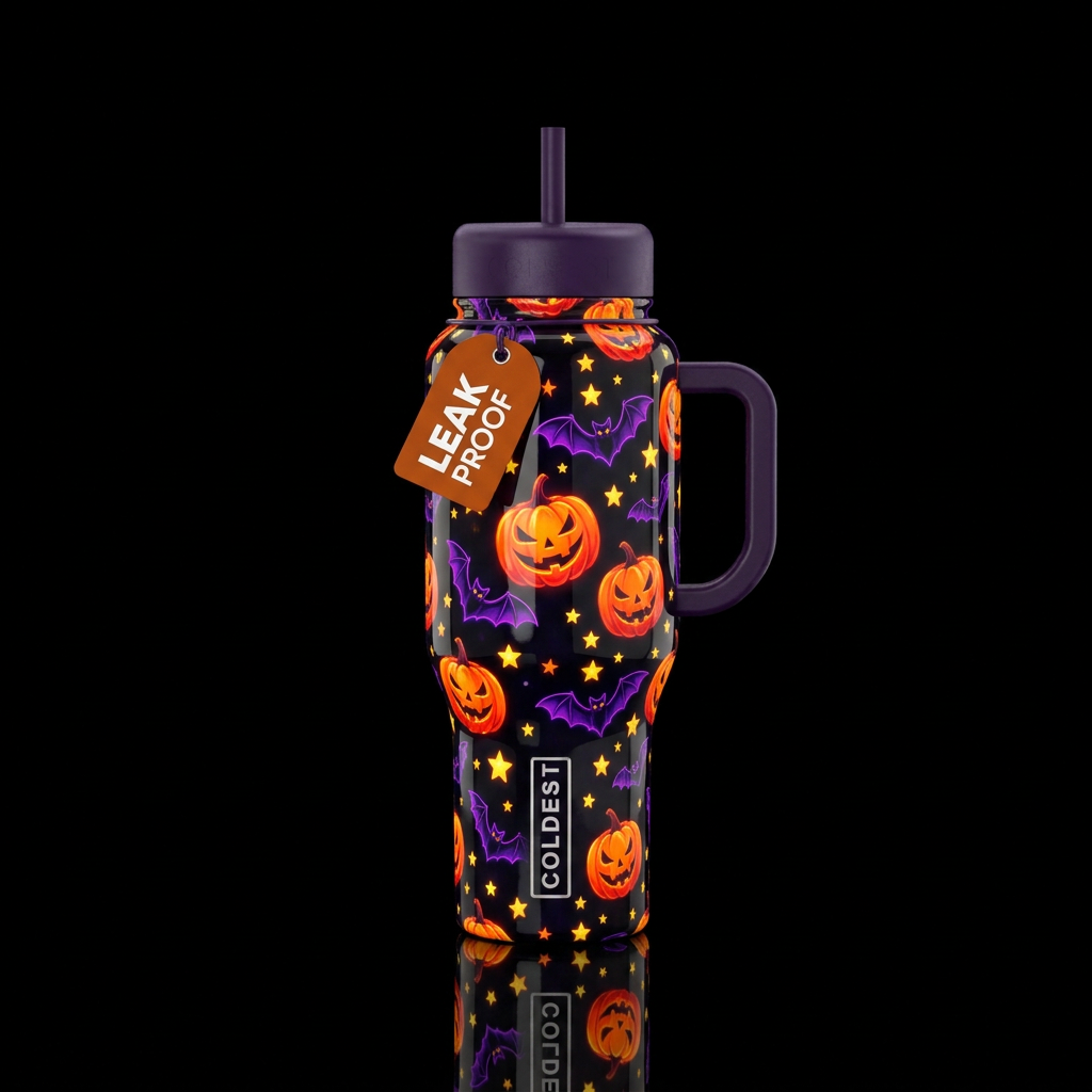 Glossy black background with bright orange jack o ... water bottle design