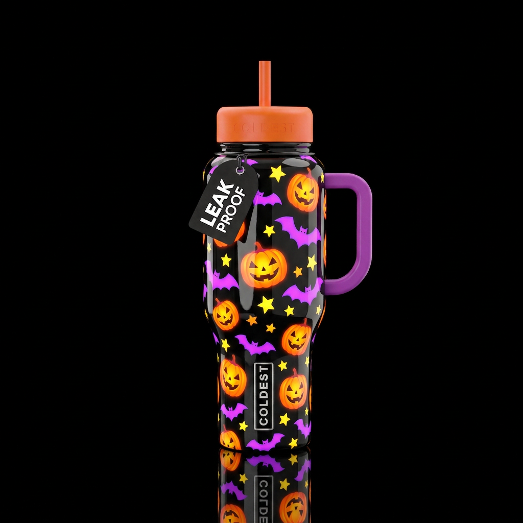 Glossy black background with bright orange jack o ... water bottle design