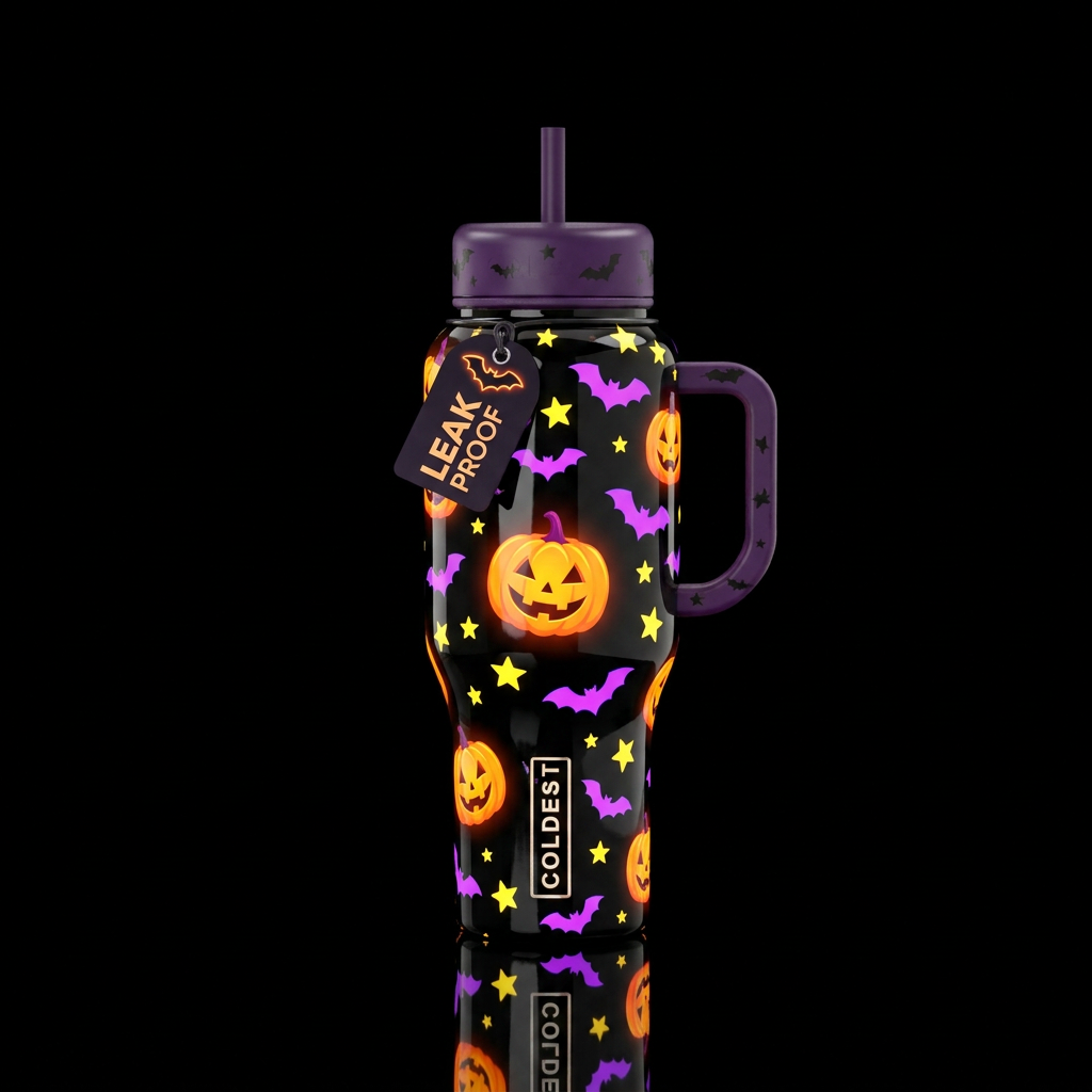 Glossy black background with bright orange jack o ... water bottle design