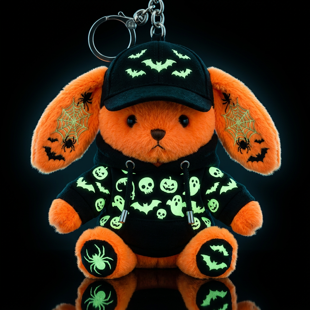 Bright orange stuffed bunny with embroidered Hallo... water bottle design