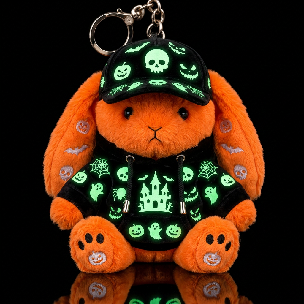 Bright orange stuffed bunny with embroidered Hallo... water bottle design