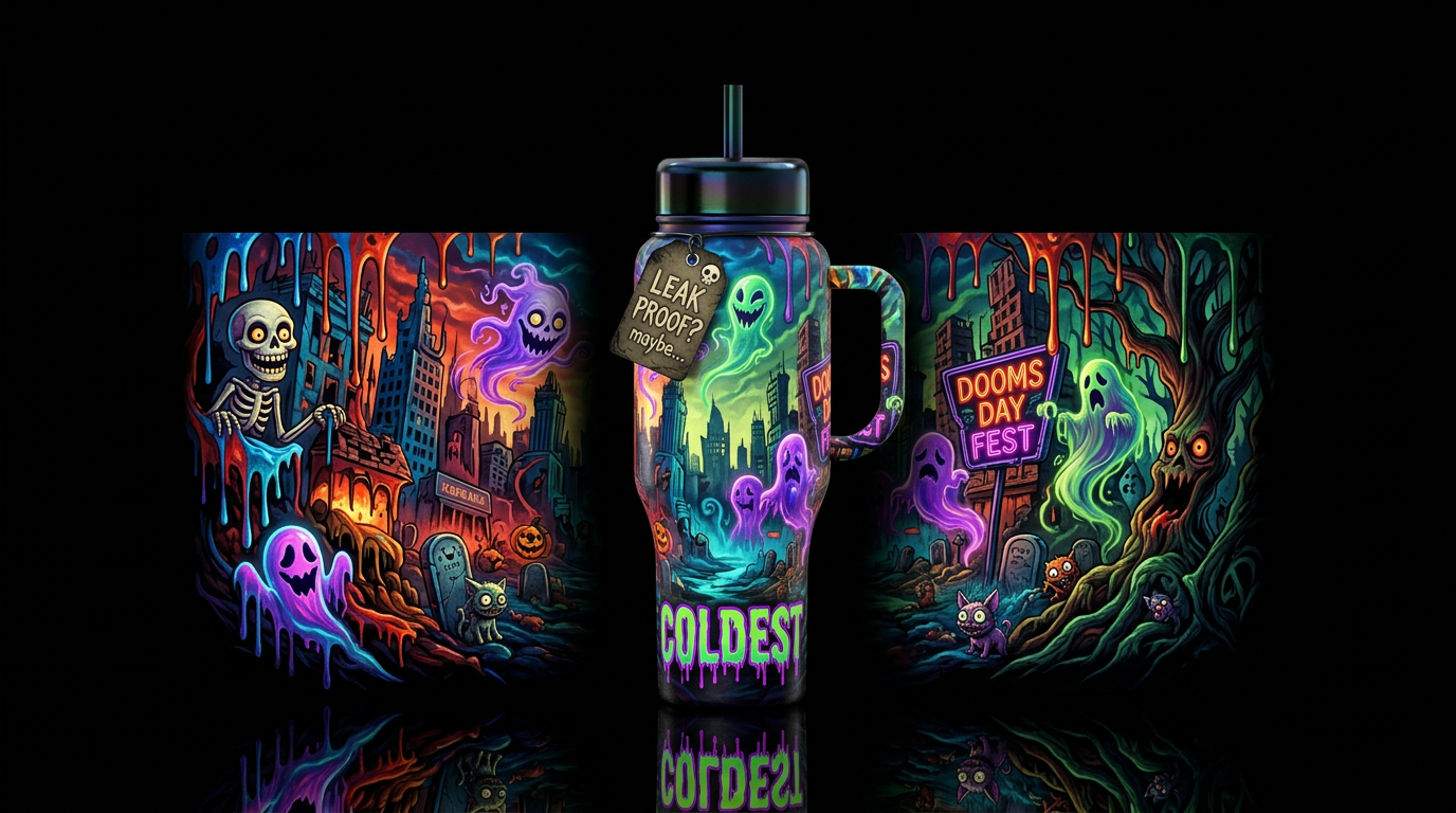 DoomsDay, scary, funny, vibrant, fantasy, modern, ... water bottle design