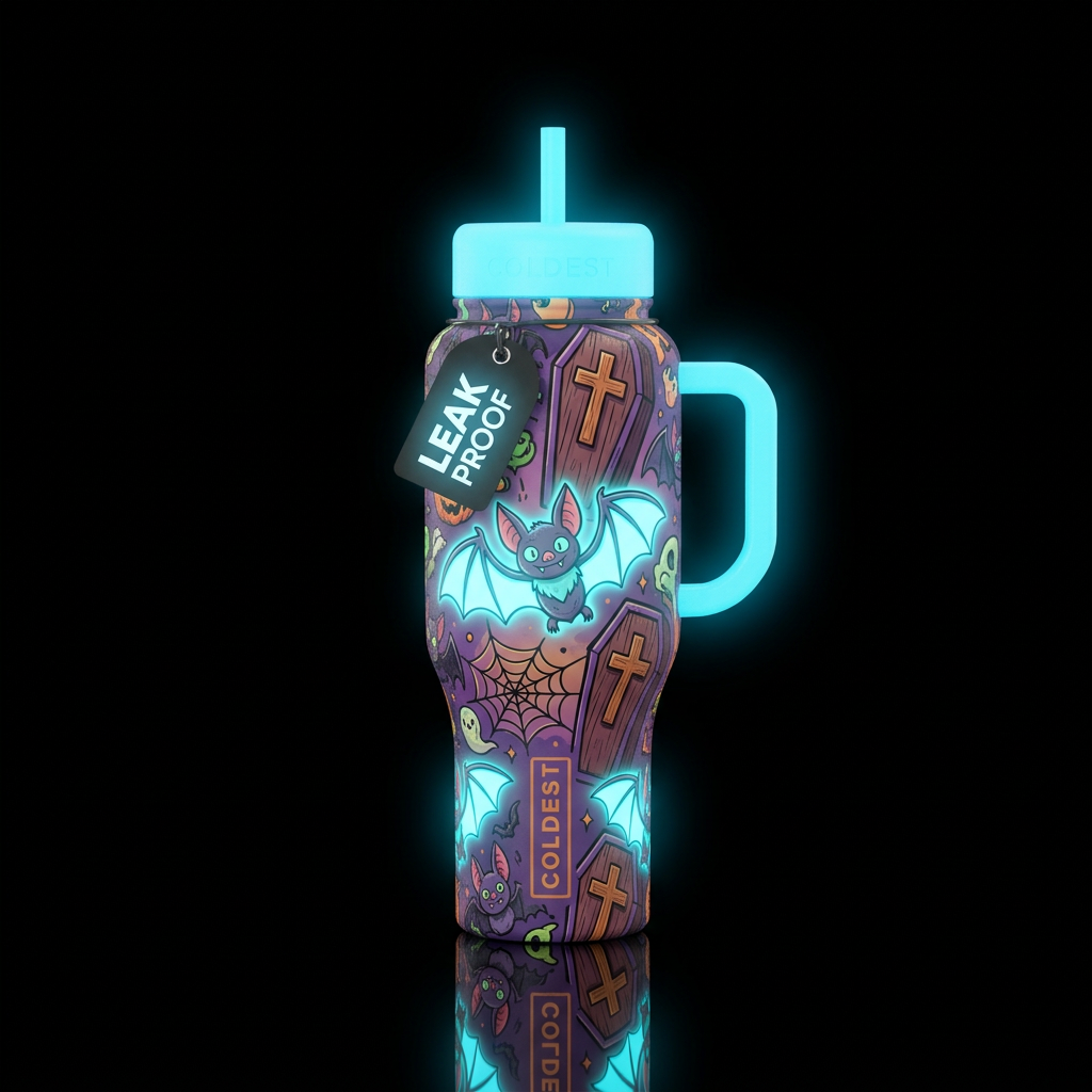 Cartoon vampires bats and caskets with wooden cros... water bottle design