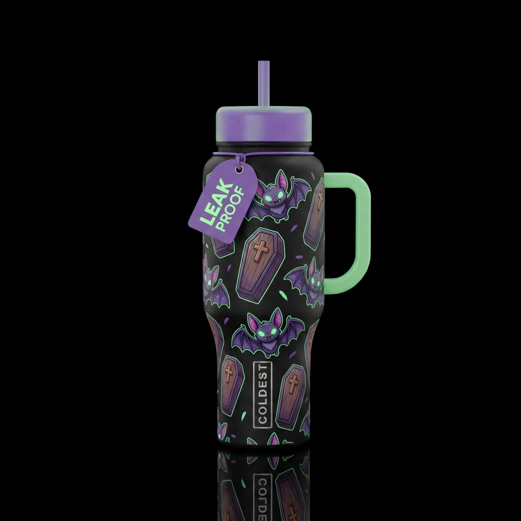 Cartoon vampires bats and caskets with wooden cros... water bottle design