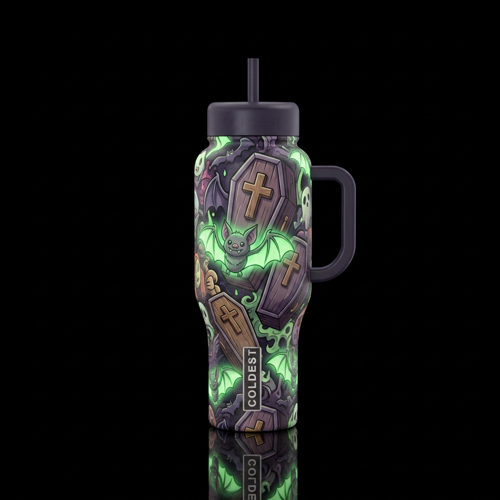 Cartoon vampires bats and caskets with wooden cros... water bottle design