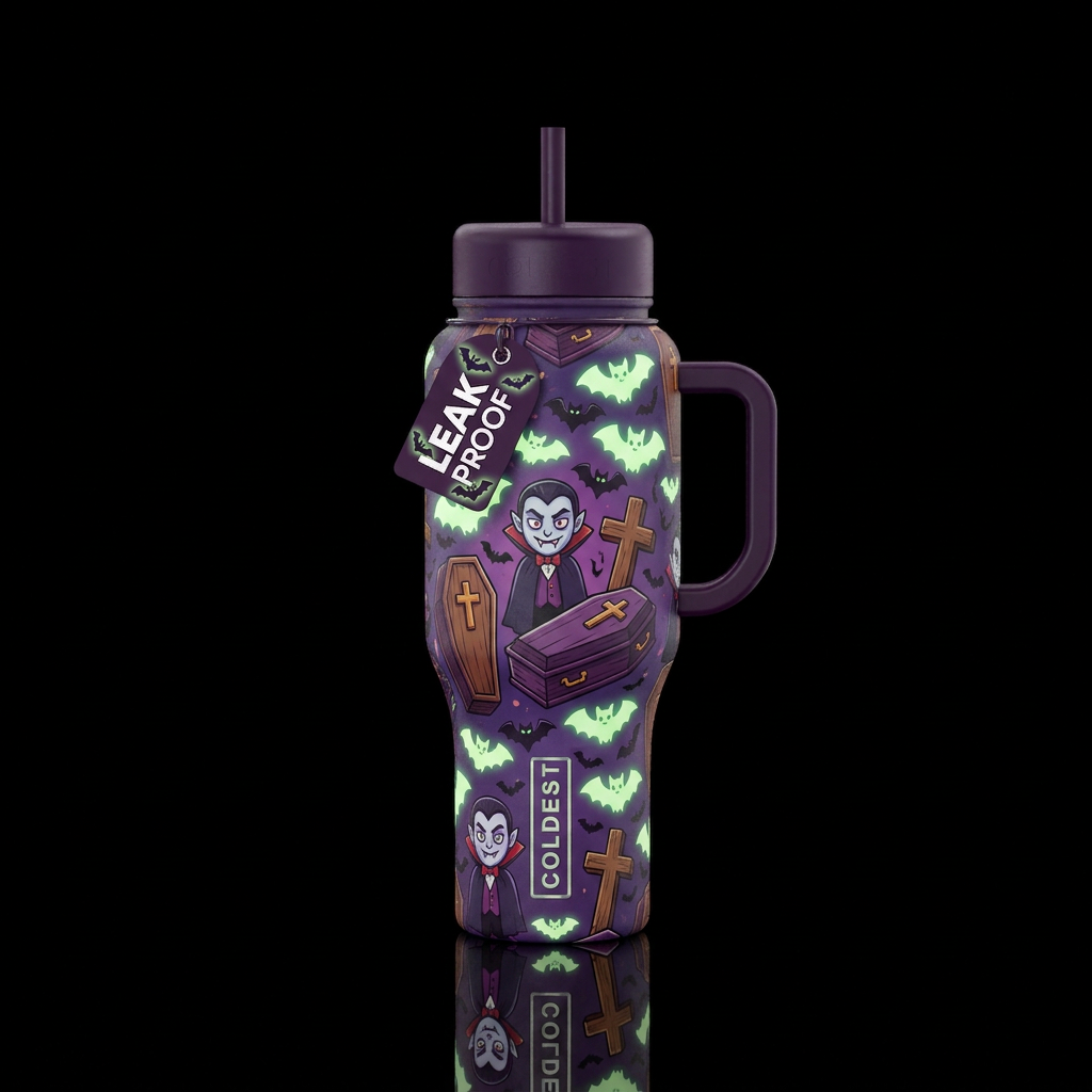 Cartoon vampires, bats and caskets with wooden cro... water bottle design
