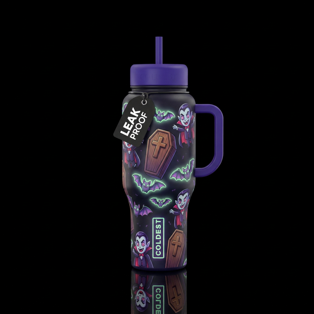 Cartoon vampires, bats and caskets with wooden cro... water bottle design