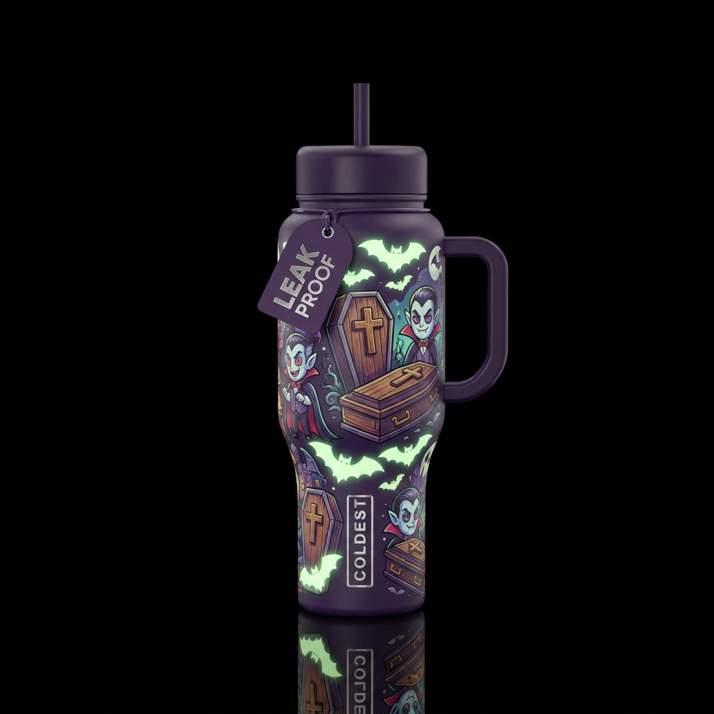 Cartoon vampires, bats and caskets with wooden cro... water bottle design
