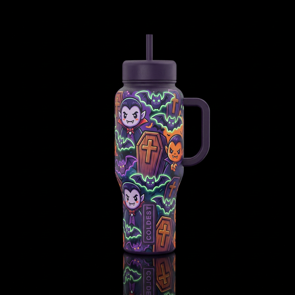 Cartoon vampires, bats and caskets with wooden cro... water bottle design