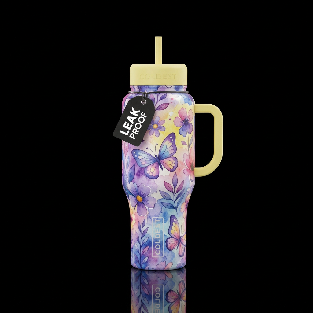 Cartoon painted floral designs, vibrant, modern, b... water bottle design