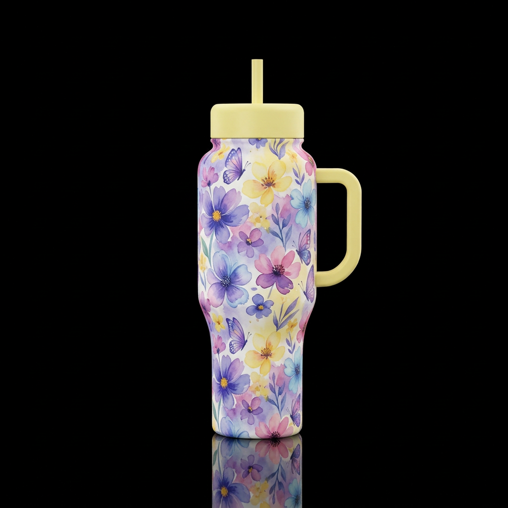Cartoon painted floral designs, vibrant, modern, b... water bottle design