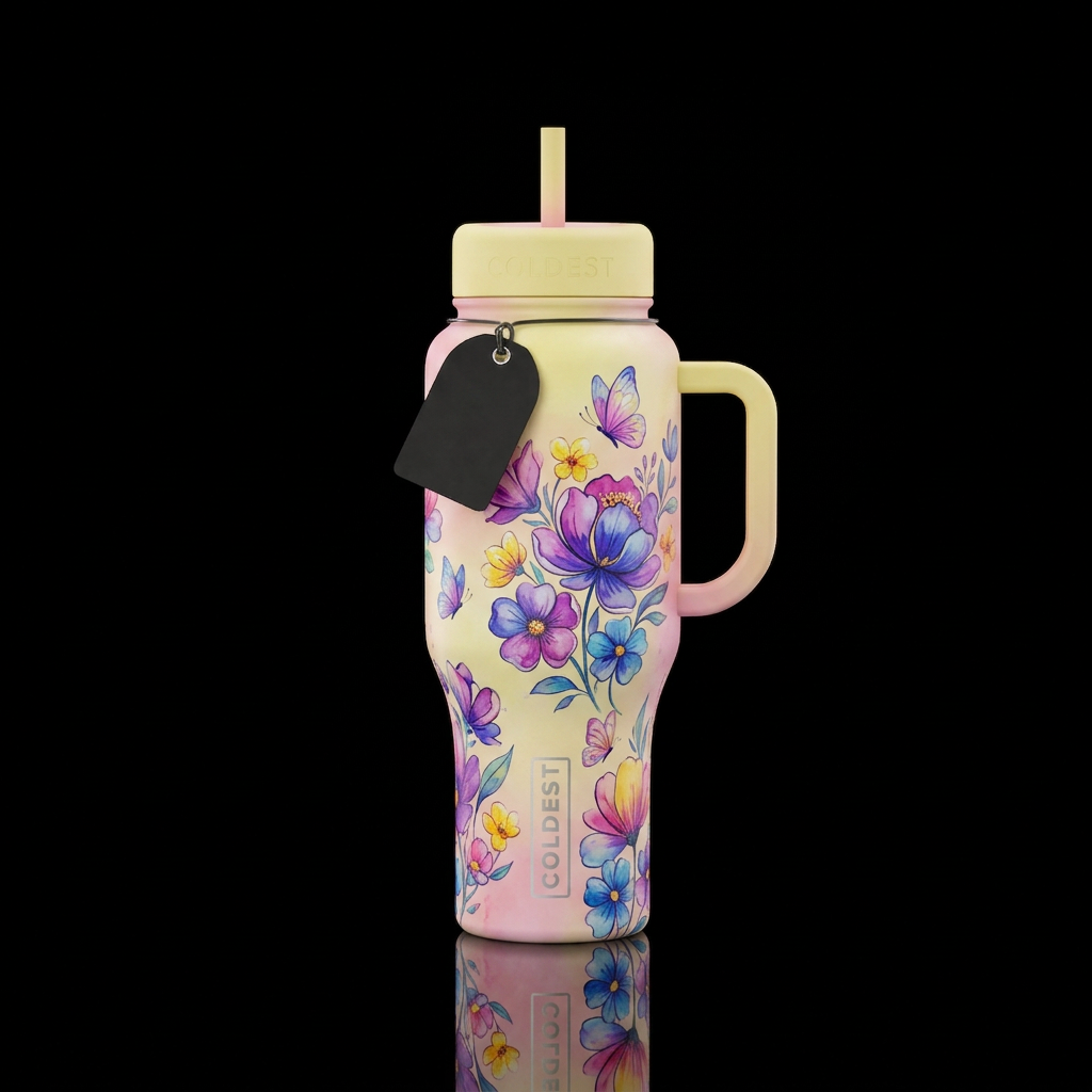 Cartoon painted floral designs, vibrant, modern, b... water bottle design