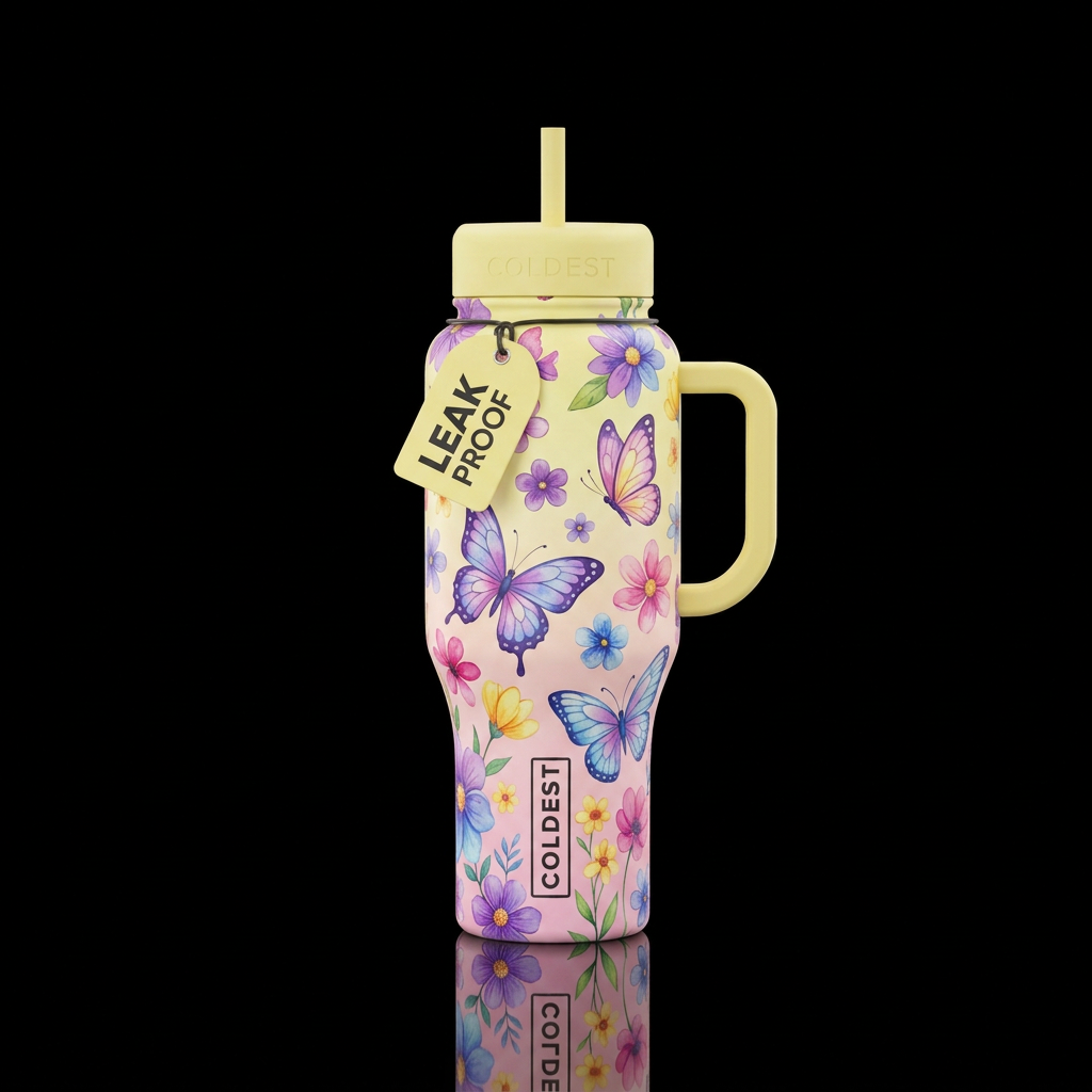 Cartoon painted floral designs, vibrant, modern, b... water bottle design