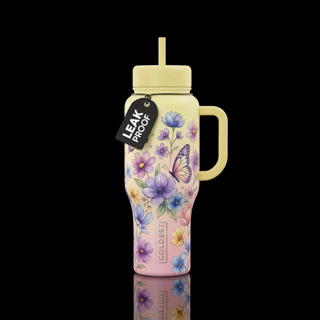 Cartoon painted floral designs, vibrant, modern, b... water bottle design