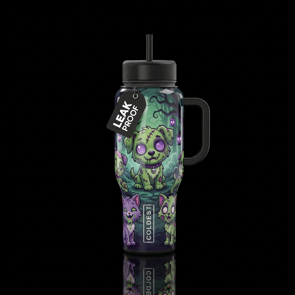 Green and purple cute funny cartoon zombie puppies... water bottle design