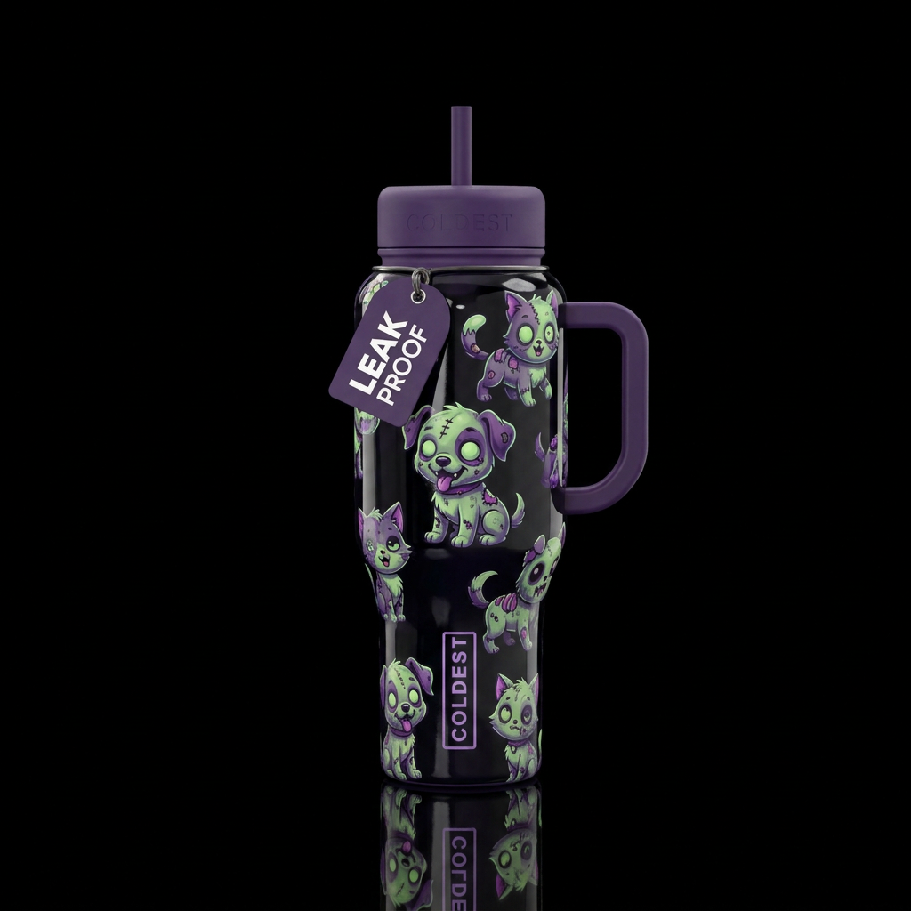 Green and purple cute funny cartoon zombie puppies... water bottle design