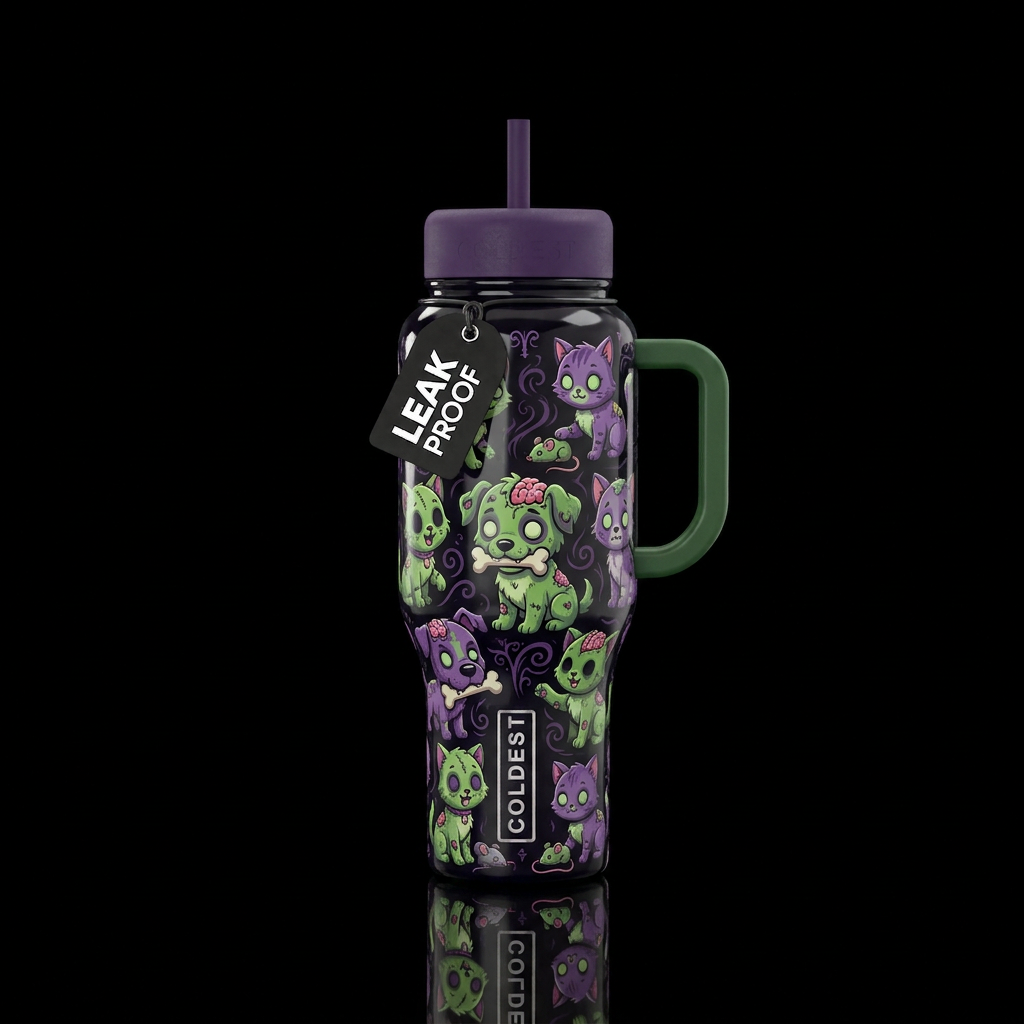 Green and purple cute funny cartoon zombie puppies... water bottle design