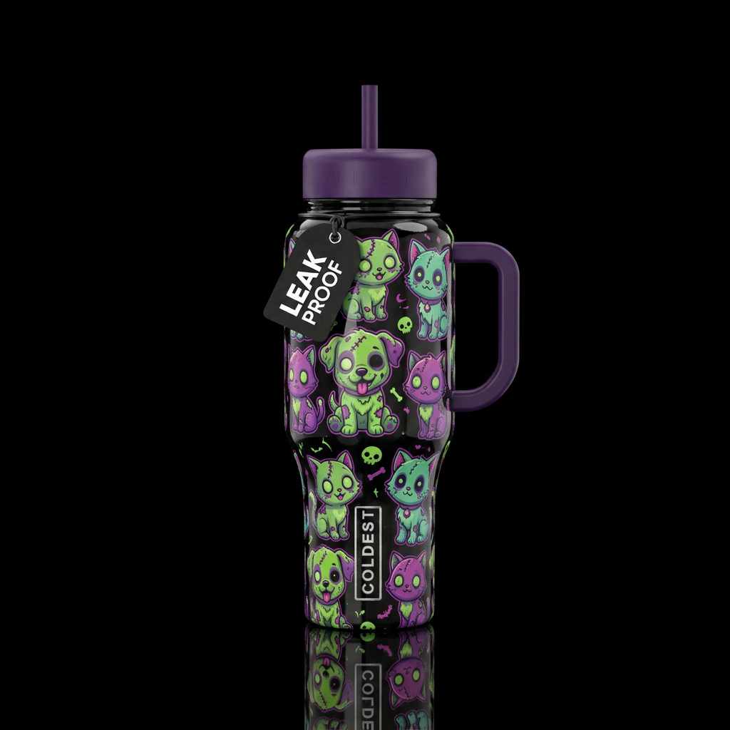 Green and purple cute funny cartoon zombie puppies... water bottle design