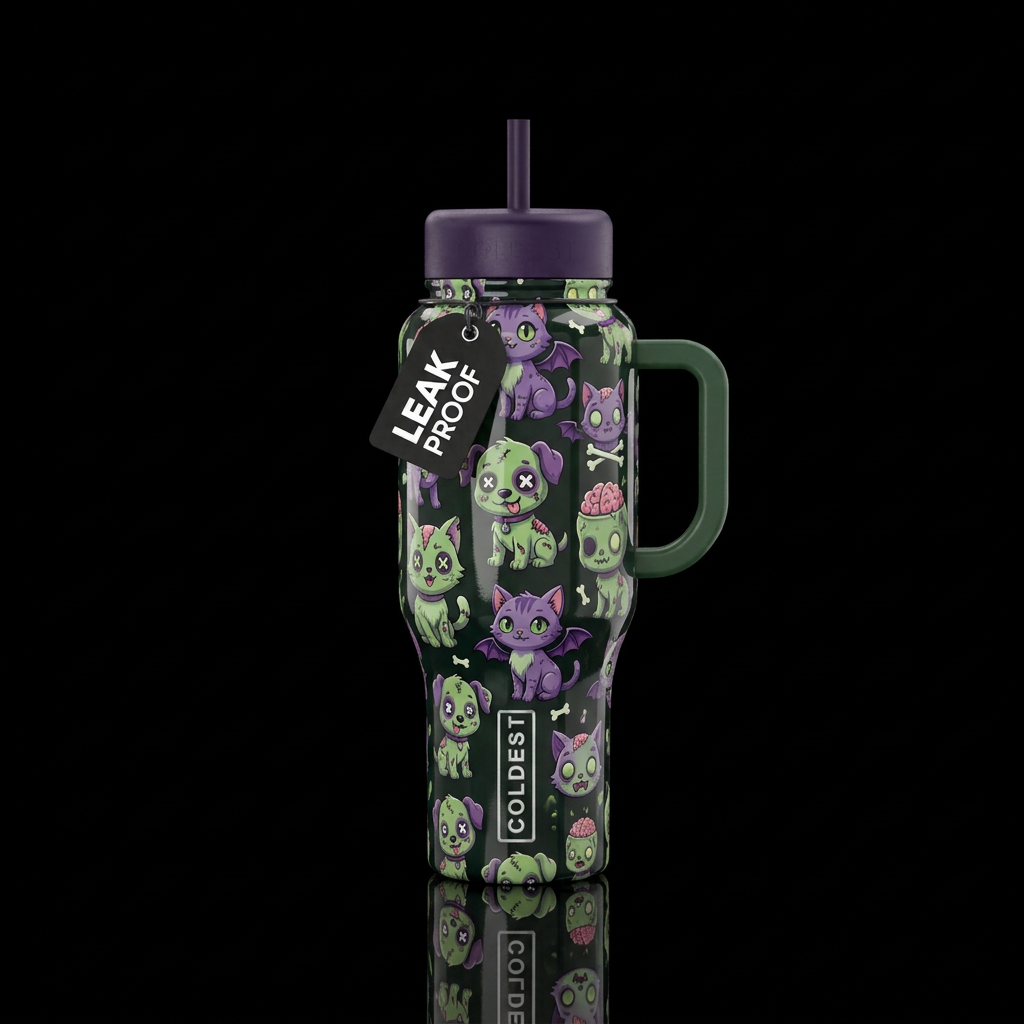 Green and purple cute funny cartoon zombie puppies... water bottle design