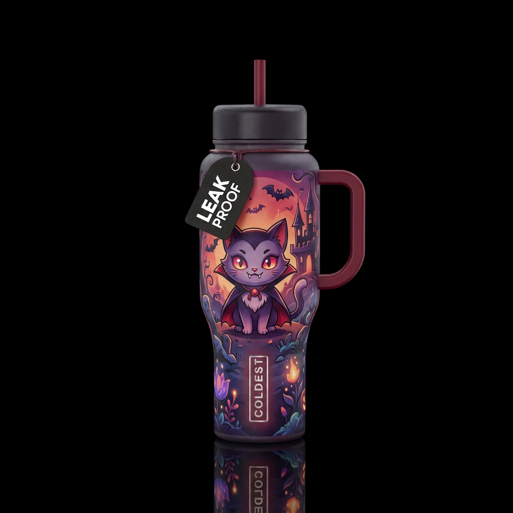 Vampire Kitten scary funny cute cartoon inbued, vi... water bottle design