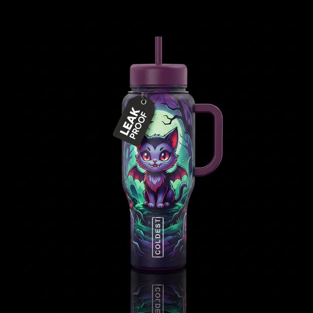 Vampire Kitten scary funny cute cartoon inbued, vi... water bottle design