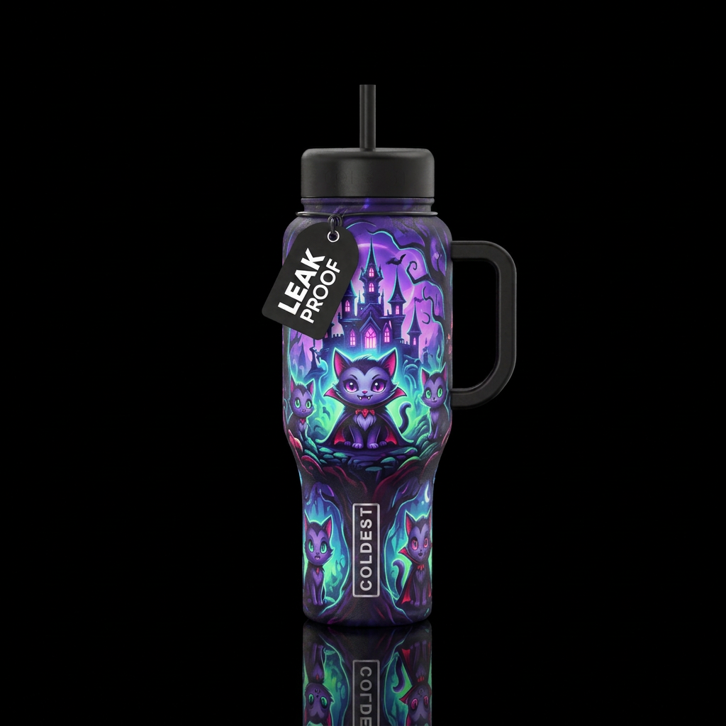 Vampire Kitten scary funny cute cartoon inbued, vi... water bottle design
