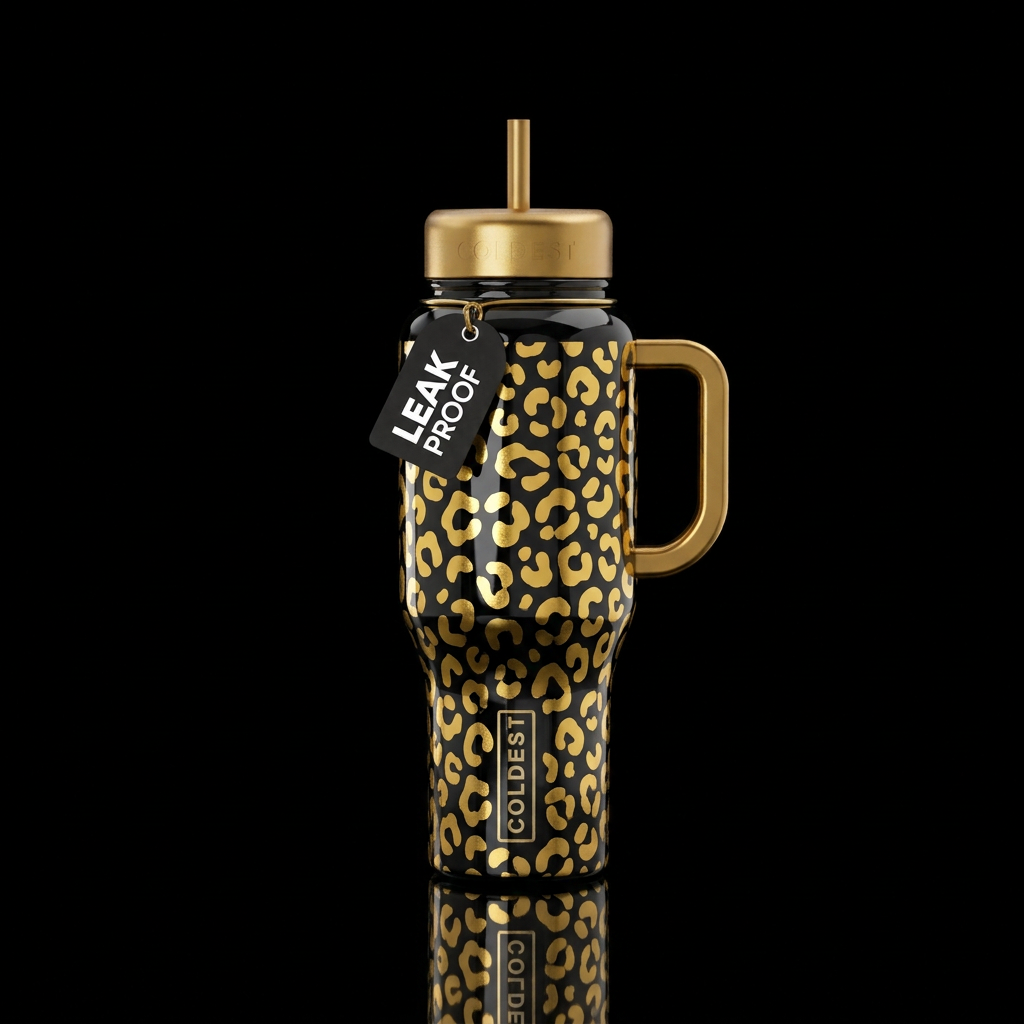 Glossy black background with metallic shiny gold l... water bottle design