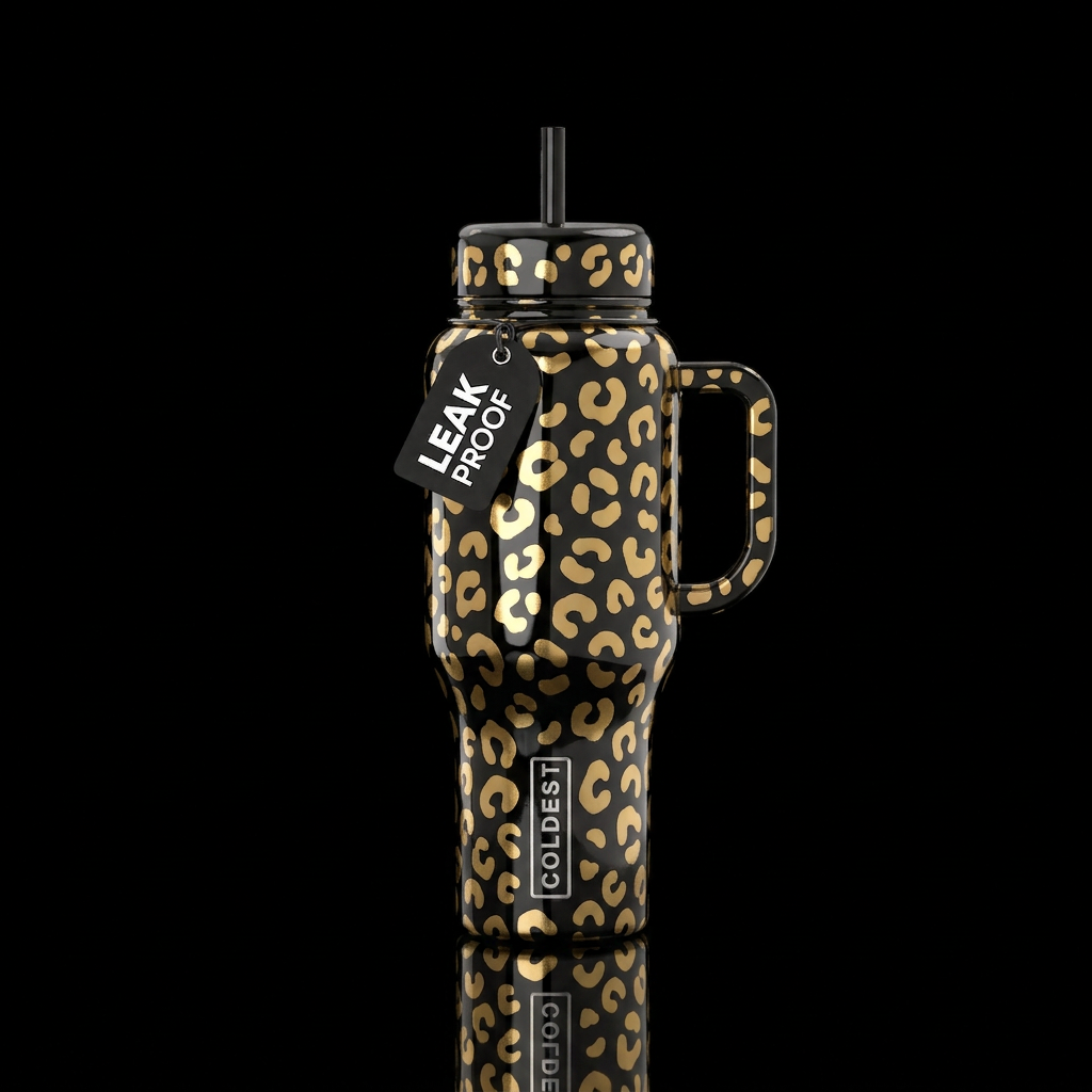 Glossy black background with metallic shiny gold l... water bottle design