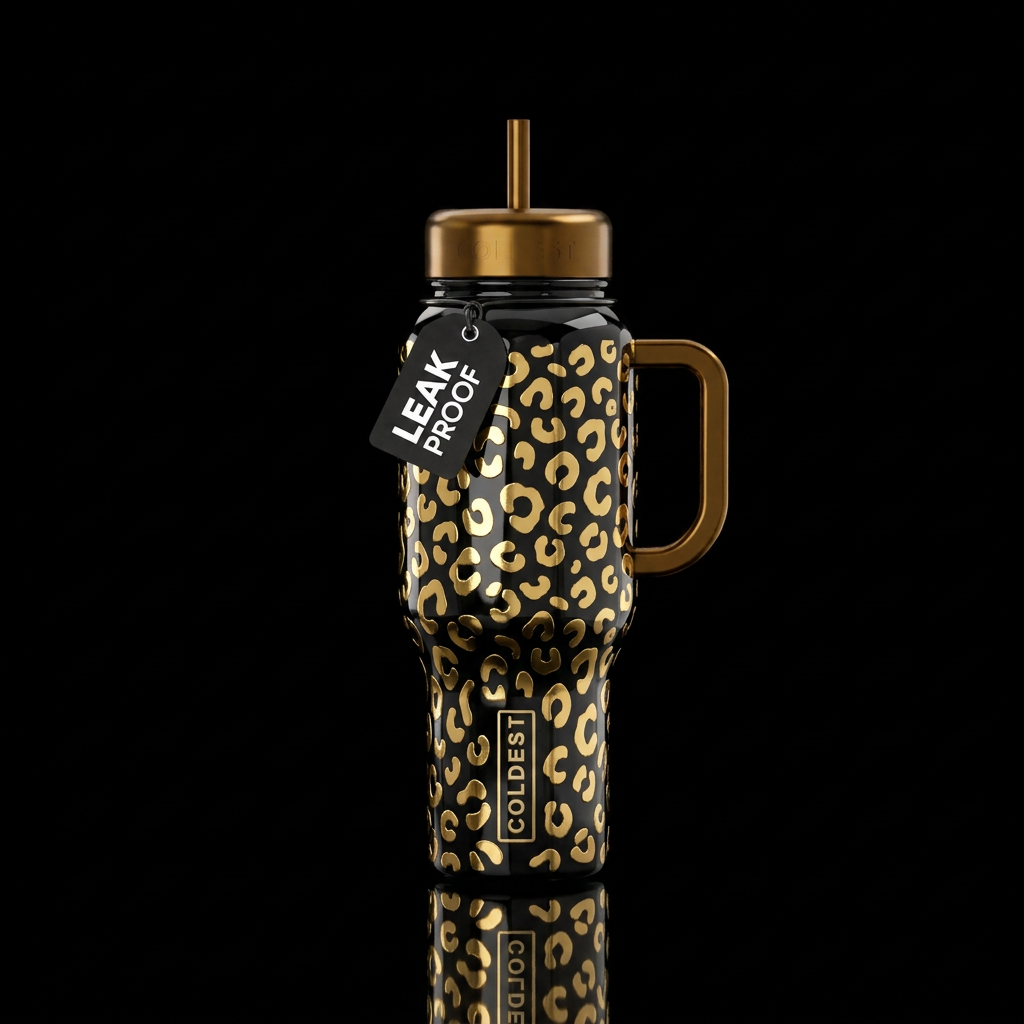 Glossy black background with metallic shiny gold l... water bottle design