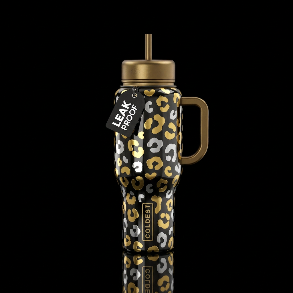 Glossy black background with metallic shiny gold a... water bottle design