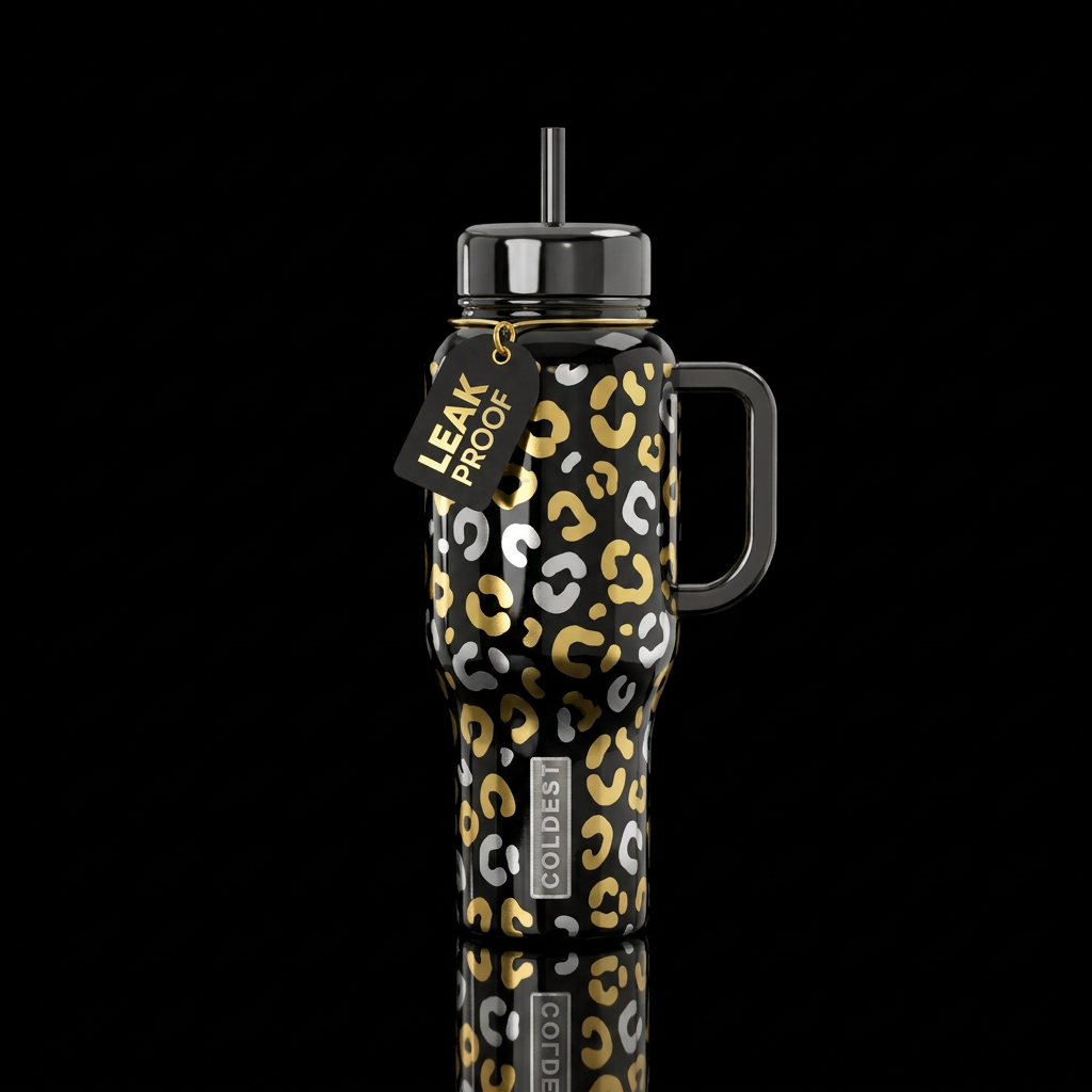 Glossy black background with metallic shiny gold a... water bottle design