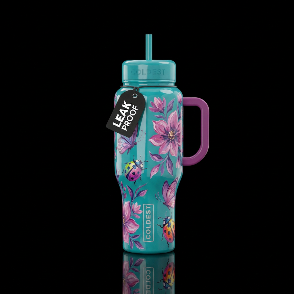 Glossy teal background with beautiul pink and purp... water bottle design
