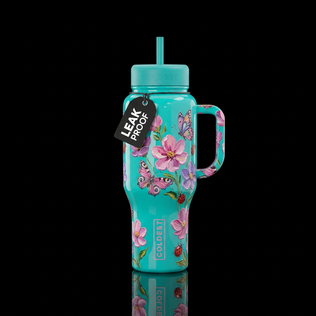 Glossy teal background with beautiul pink and purp... water bottle design