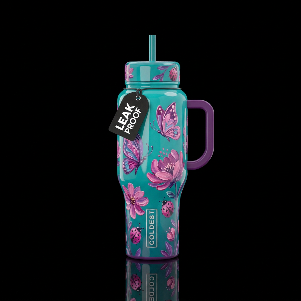Glossy teal background with beautiul pink and purp... water bottle design