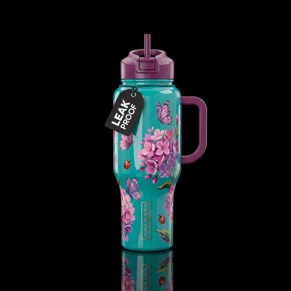 Glossy teal background with beautiul pink and purp... water bottle design