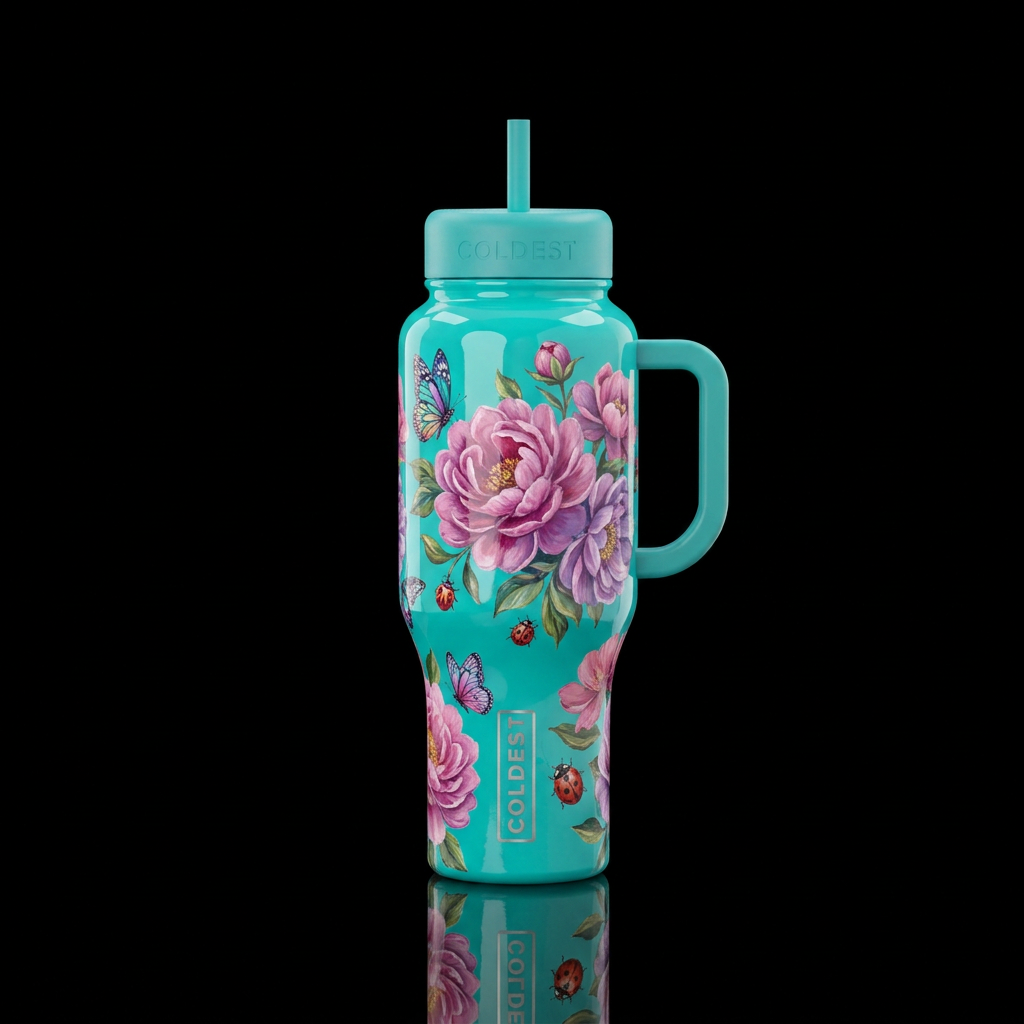 Glossy teal background with beautiul pink and purp... water bottle design