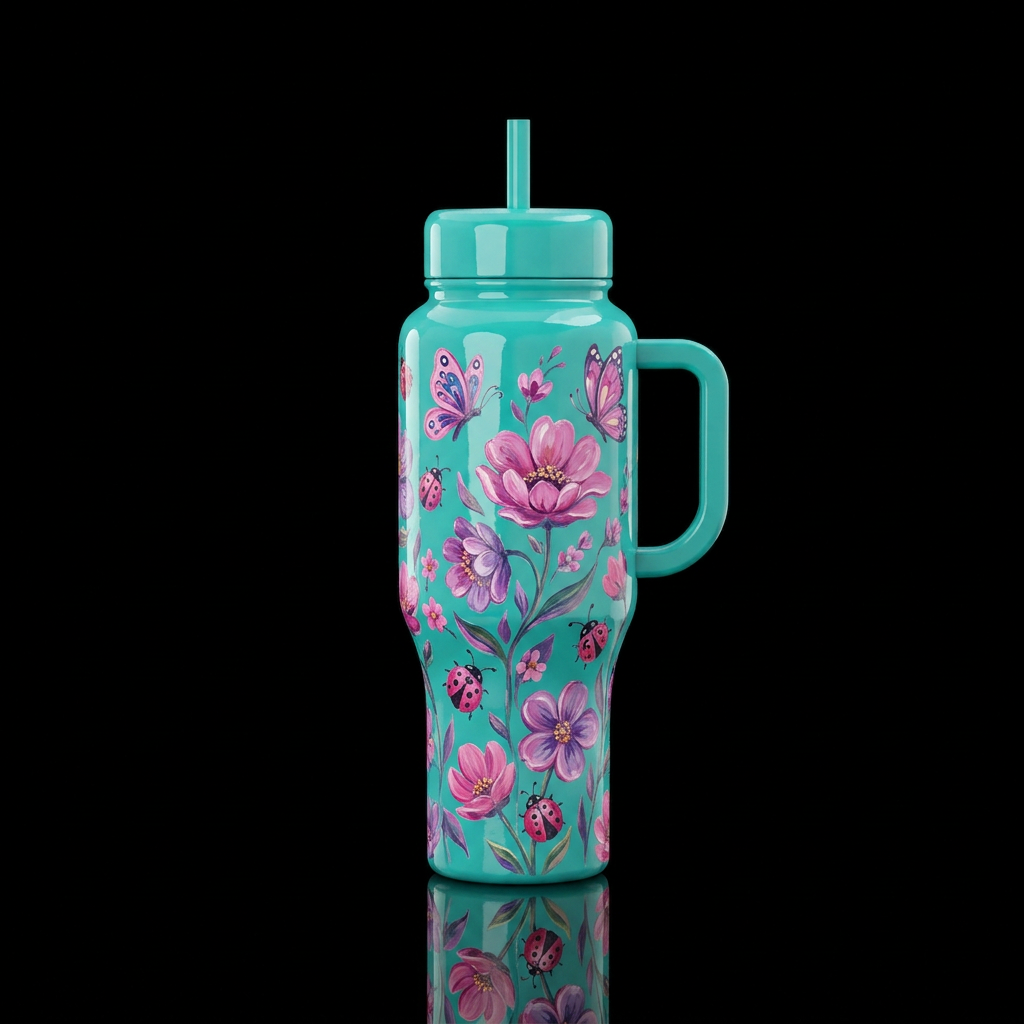 Glossy teal background with beautiul pink and purp... water bottle design
