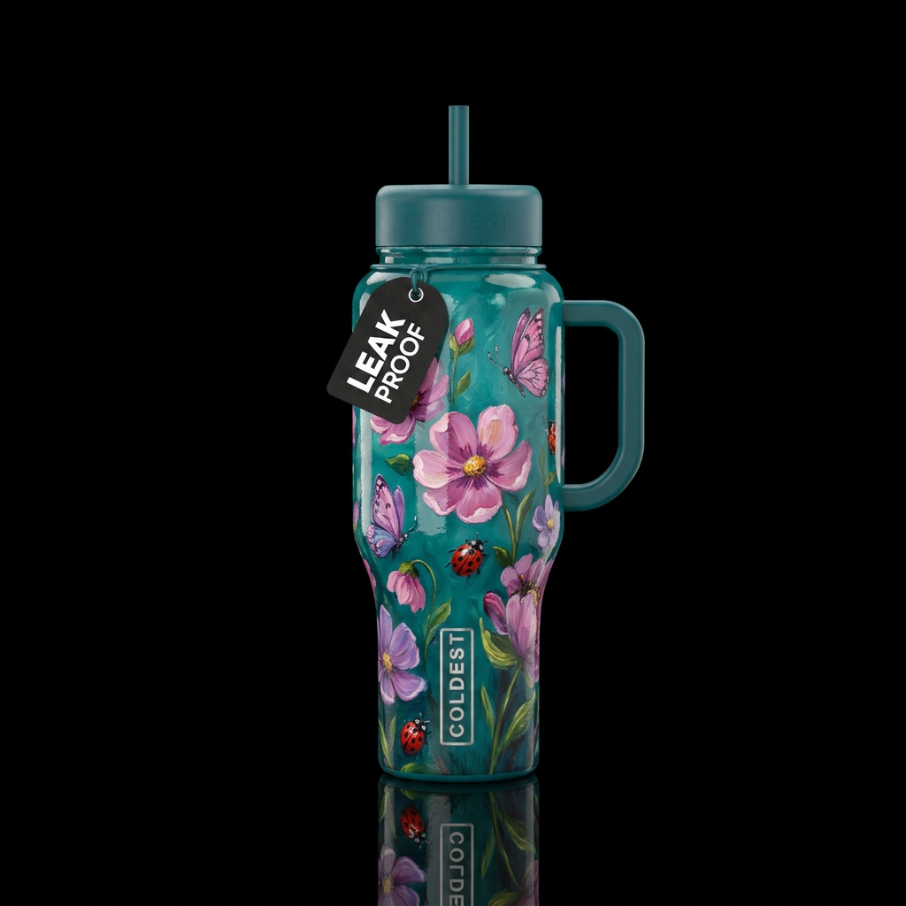 Glossy teal background with beautiul pink and purp... water bottle design
