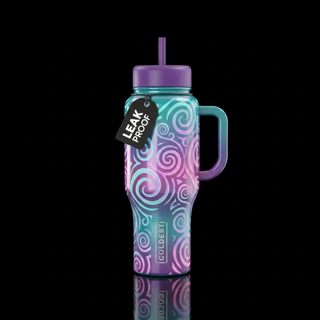 Glossy teal, purple, and pink ombre background wit... water bottle design